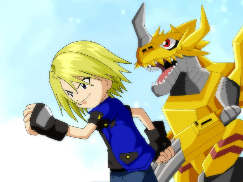 aonuma_kiriha blonde_hair digimon digimon_(creature) digimon_adventure digimon_xros_wars dinosaur jacket parody sharp_teeth teeth zekegreymon
