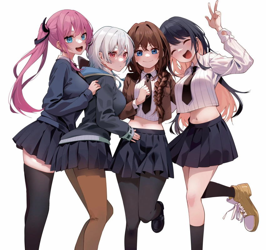 4girls black_hair black_hood black_hoodie black_necktie black_pantyhose black_shoes black_skirt black_socks black_sweater black_thighhighs blazer blue_eyes blush boots braid braided_ponytail breasts brown_boots brown_hair brown_jacket brown_pantyhose brown_shoes closed_eyes colored_inner_hair dot_nose female_focus hair_over_shoulder hand_up highres himekawa_nene hood hoodie igarashi_masakuni inohana_rikka jacket kirino_iko knee_blush kneehighs legs loafers long_hair long_sleeves looking_at_viewer mayonaka_heart_tune medium_breasts midriff miniskirt multicolored_hair multiple_girls navel necktie open_mouth pantyhose peace_symbol pink_hair pleated_skirt red_eyes school_uniform shirt shoes short_hair simple_background single_braid skirt smirk socks standing standing_on_one_leg stomach striped_clothes striped_shirt sweater teeth thighhighs thighs tongue twintails two-tone_hair upper_teeth_only uzuki_shinobu v vertical-striped_clothes vertical-striped_shirt white_background white_shirt zettai_ryouiki