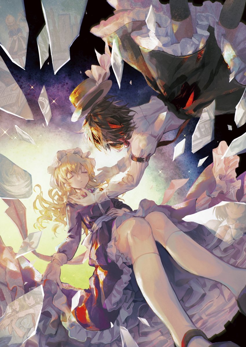 2girls absurdres arm_belt back_bow black_hair black_skirt black_socks blonde_hair book bow broken_glass closed_eyes closed_mouth commentary_request cup dress expressionless feet_out_of_frame foreshortening frilled_skirt frills gensou_aporo glass hat highres hug hug_from_behind long_hair long_sleeves maribel_hearn mob_cap multiple_girls necktie pink_ribbon purple_dress reaching reaching_towards_another red_necktie ribbon ripples shirt short_hair signature skirt socks sparkle touhou turning_page unworn_hat unworn_headwear usami_renko white_bow white_shirt white_socks