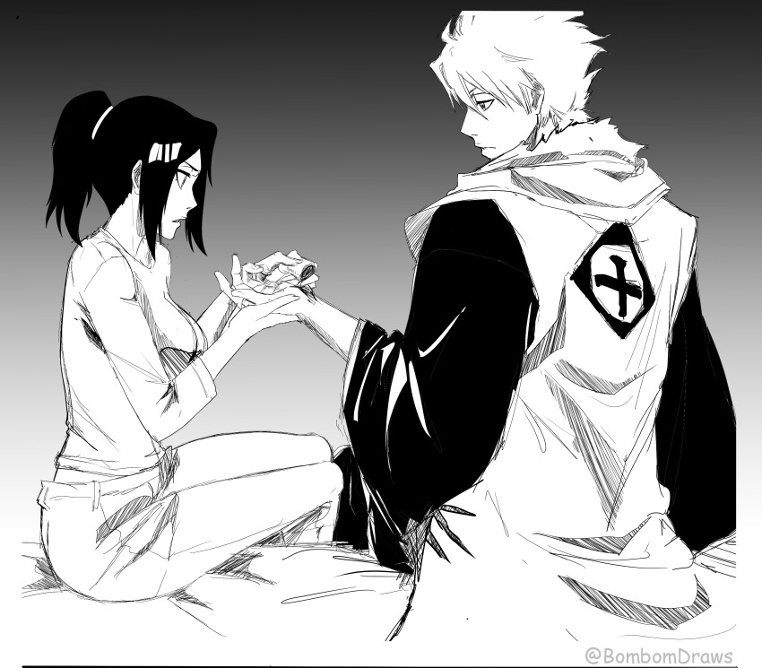 1boy 1girl absurdres bandages bleach bleach:_epilogue bombomdraws breasts commentary english_commentary greyscale haori highres hitsugaya_toushirou hitsugaya_toushirou_(adult) japanese_clothes kurosaki_karin large_breasts monochrome open_hand ponytail shihakusho short_shorts shorts sitting sketch taichou_haori twitter_username