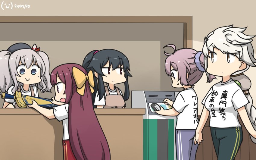 5girls alternate_costume aoba_(kancolle) apron asymmetrical_hair atm beret black_hair black_headwear black_pants blue_eyes bow braid brown_apron brown_eyes clothes_writing commentary_request counter cowboy_shot dated excalibur_(fate/stay_night) excalibur_(mythology) hair_bow hamu_koutarou hat highres kamikaze_(kancolle) kantai_collection kashima_(kancolle) long_hair multiple_girls one-hour_drawing_challenge pants ponytail purple_hair purple_pants red_eyes red_pants shirt silver_hair single_braid sword t-shirt track_pants unryuu_(kancolle) very_long_hair weapon white_shirt yahagi_(kancolle) yellow_bow
