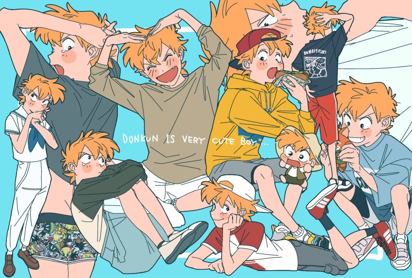 1boy backwards_hat black_shirt black_socks blue_neckerchief blue_shirt blue_shorts blush_stickers boxers br&#039;er_fox_(disney) bugs_bunny daffy_duck drawstring english_text fang grey_shirt hand_on_own_head hat highres holding holding_stuffed_toy hood hoodie knees_to_chest long_sleeves looking_at_viewer looking_back looney_tunes lying male_focus male_underwear marvin_the_martian multiple_views neckerchief on_stomach open_mouth orange_hair pants red_footwear red_shorts robin_hood_(disney_character) robin_hood_(disney_movie) shirt short_hair shorts sitting socks song_of_the_south stuffed_toy sylvester_(looney_tunes) t-shirt the_tasmanian_devil tweety_bird underwear uochandayo white_pants yellow_hoodie