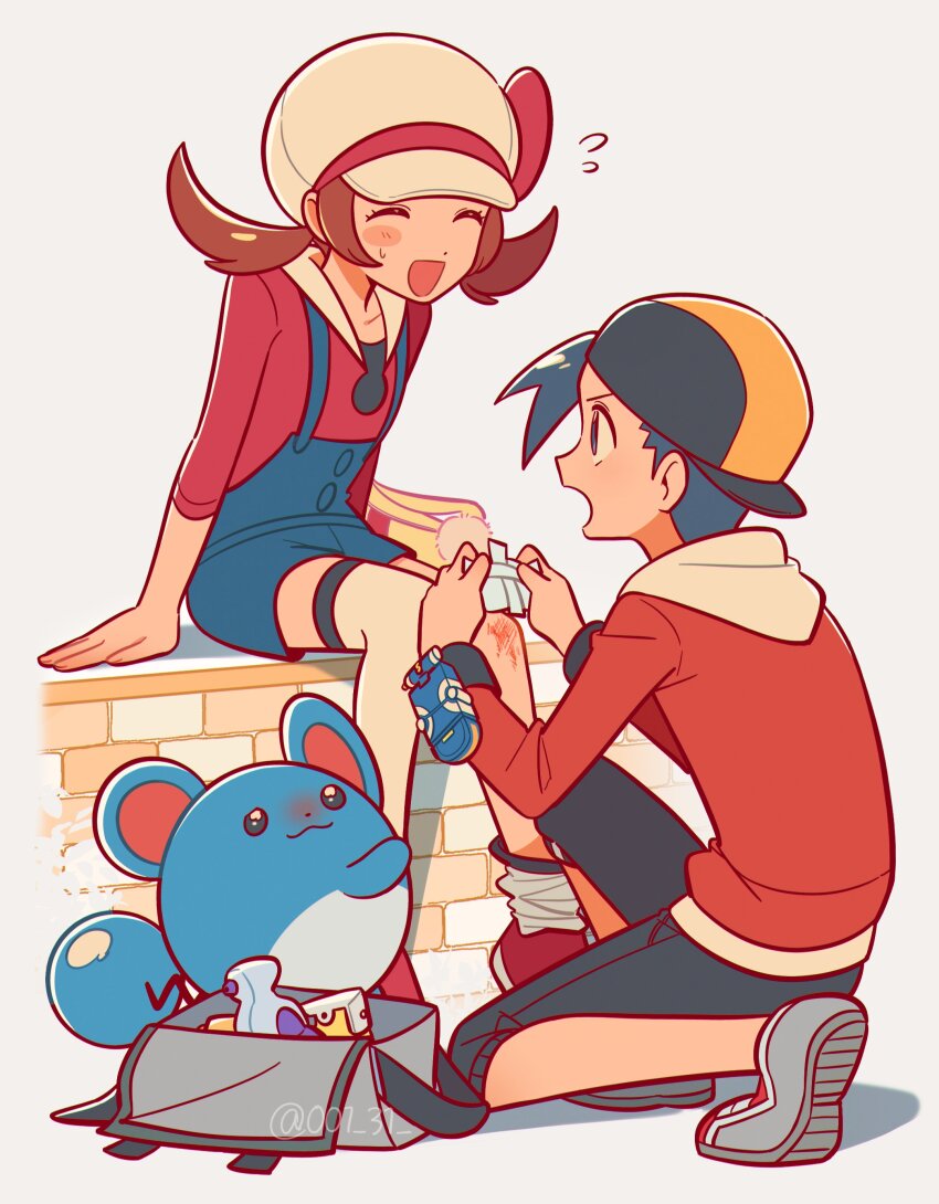 1boy 1girl :d absurdres backwards_hat bag black_hair black_pants blush_stickers brown_hair capri_pants chueog closed_eyes ethan_(pokemon) flying_sweatdrops gen_2_pokemon grey_bag grey_shoes hat highres holding jacket long_sleeves lyra_(pokemon) marill nintendo open_mouth overalls pants pokemon pokemon_hgss potion_(pokemon) red_jacket red_shoes scraped_knee shirt shoes short_hair single_blush_sticker smile sweatdrop thighhighs thighhighs_pull twintails
