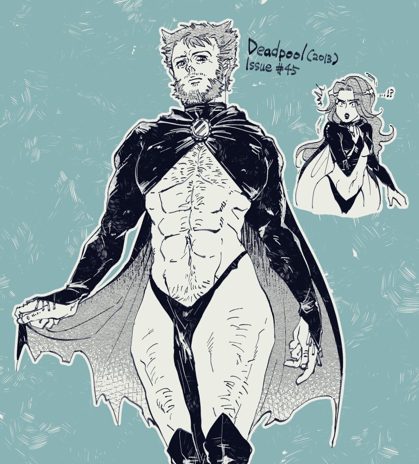 !? 1boy 1girl abs absurdres azuko_(@zuco) bara beard breasts bridal_gauntlets cape chest_hair closed_mouth commentary facial_hair hairy highres leg_hair lipstick long_hair looking_at_another looking_at_viewer madelyne_pryor makeup marvel mature_male muscular muscular_male navel open_mouth short_hair symbol-only_commentary thighs wolverine_(x-men) x-men