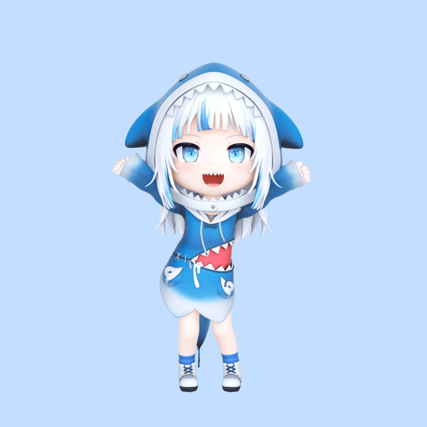1girl 1nabatewi 3d animal_costume animal_hood animated animated_gif blue_background blue_eyes blue_hair blue_hoodie blunt_bangs blush closed_eyes dancing fins fish_tail full_body gawr_gura gawr_gura_(1st_costume) hair_ornament highres hololive hololive_english hood hoodie huge_filesize long_hair long_sleeves looking_at_viewer looping_animation medium_hair multicolored_hair open_mouth parody shark_costume shark_girl shark_hood shark_print shark_tail sharp_teeth shoes simple_background sleeves_past_wrists smile solo streaked_hair tail teeth virtual_youtuber white_hair white_shoes wide_sleeves