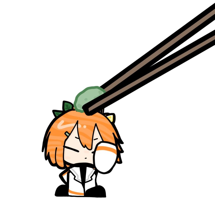 1girl a.i._voice adachi_rei chibi chibi_only chopsticks closed_eyes closed_mouth food food-themed_hair food_on_head full_body hair_ornament hand_up highres jacket leaf_hair_ornament long_sleeves medium_hair object_on_head open_clothes open_jacket orange_hair salmon_(fish) simple_background sitting solo sparrow_1016 utau wasabi white_background white_jacket
