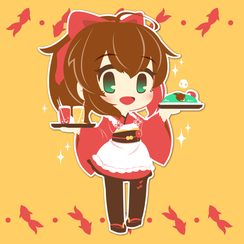 1girl ahoge bad_food battle_girl_high_school bow brown_hair chibi chibi_only fish food green_eyes highres holding holding_tray hoshitsuki_miki looking_at_viewer motyomi no_nose omelet omurice open_mouth outline red_bow sandals skull sparkle tray waitress white_outline wide_sleeves yellow_background