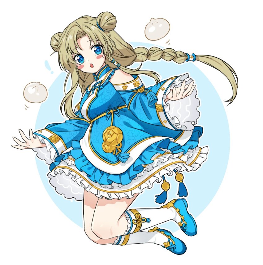 1girl blonde_hair blony_(mabinogi) blue_dress blue_eyes blue_shoes double_bun dress food frilled_skirt frills hair_bun highres lessojin mabinogi mandarin_collar shoes simple_background skirt steamed_bun