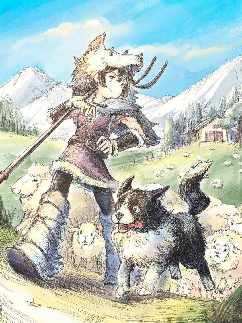 1girl alternate_costume belt blue_sky brown_hair closed_mouth cloud commentary_request dog highres holding holding_pitchfork mountain octopath_traveler octopath_traveler_i on_grass outdoors pitchfork qqqqqli sheep sky smile tongue tongue_out tressa_(octopath_traveler) tressa_colzione walking