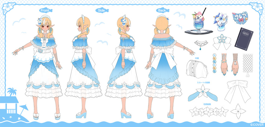 1girl back_bow blonde_hair blue_nails bow character_name commentary_request company_name copyright_notice dress elf elfriend_(shiranui_flare) flower frilled_dress frills full_body hair_flower hair_ornament hair_over_shoulder high_heel_sandals highres hololive holonatsu_paradise layered_dress low_twintails medium_hair menu_board multicolored_hair multiple_views nail_polish off-shoulder_dress off_shoulder official_alternate_costume official_alternate_hairstyle official_art pointy_ears reference_sheet sandals shiranui_flare shiranui_flare_(holonatsu_paradise) streaked_hair suraimu_(suraimuraimu) turnaround twintails virtual_youtuber white_bow white_dress white_hair