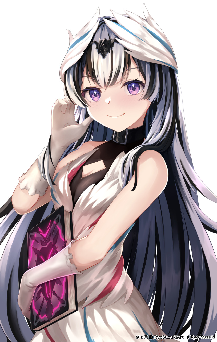 1girl absurdres bare_shoulders black_hair book breasts choker double-parted_bangs dress feather_hair_ornament feathers fire_emblem fire_emblem_engage gloves grey_hair hair_ornament highres holding holding_book long_hair looking_at_viewer multicolored_hair nintendo purple_eyes ryo-suzuki smile solo two-tone_hair very_long_hair veyle_(fire_emblem) wavy_hair white_background white_hair