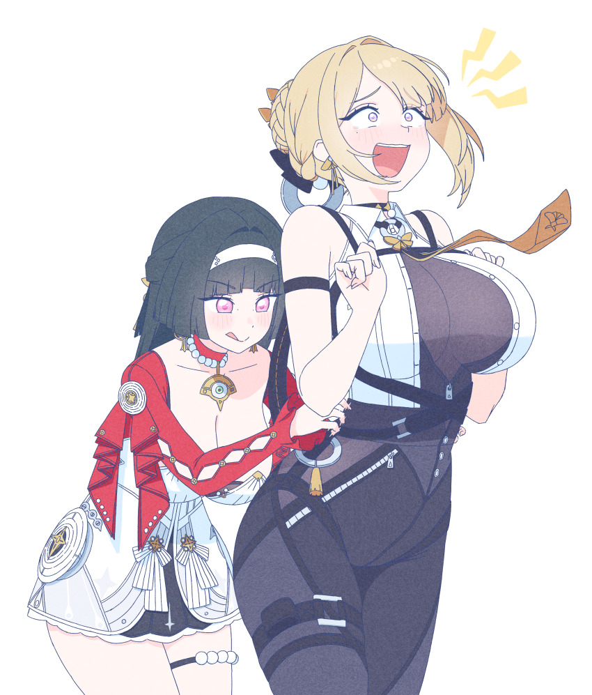 2girls absurdres astra_yao black_hair black_pants blonde_hair blush breasts cleavage earrings evelyn_chevalier gloves hairband highres jacket jewelry large_breasts latex_pants mihoyo mole mole_under_eye multiple_girls necklace necktie pants parangmuru pearl_necklace purple_eyes red_jacket shirt thigh_beads tickling tight_clothes tight_pants white_shirt yellow_necktie zenless_zone_zero