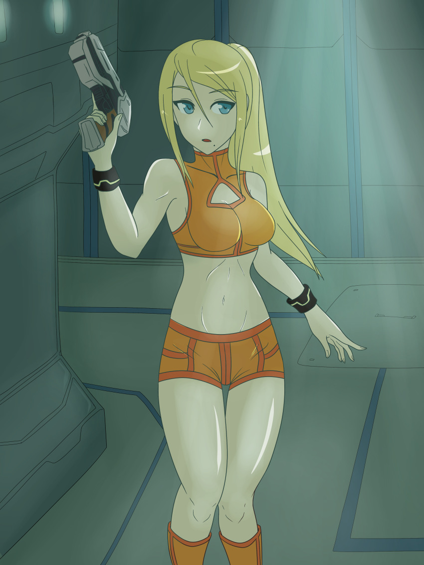 1girl arm_at_side bare_arms bare_legs bare_shoulders blonde_hair blue_eyes boots bracelet breasts cleavage_cutout clenched_hand clothing_cutout collarbone crop_top energy_gun expressionless eyelashes female_focus finger_on_trigger fingernails gun hair_between_eyes hand_up hayato_stuff holding holding_weapon indoors jewelry knee_boots knees_together_feet_apart large_breasts legs long_hair metroid metroid:_zero_mission midriff mole mole_under_mouth navel neck nintendo official_alternate_costume open_mouth orange_footwear orange_shirt orange_shorts paralyzer ray_gun samus_aran science_fiction shirt short_shorts shorts sidelocks sideways_glance stomach super_smash_bros. swept_bangs thighs turtleneck_crop_top weapon
