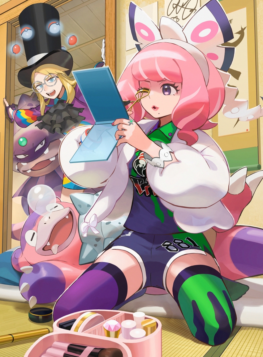 1boy 1girl absurdres ascot avery_(pokemon) black_ascot black_hat blonde_hair bow_hairband bracelet ceiling collared_shirt commentary_request eyelash_curler eyelashes galarian_slowbro galarian_slowking glasses hairband hat highres holding indoors jacket jewelry klara_(pokemon) nail_polish nintendo open_clothes open_jacket orange_mikan pink_hair pokemon pokemon_(creature) pokemon_swsh purple_eyes purple_shirt ring round_eyewear shirt shorts telekinesis thighhighs top_hat white_hairband white_jacket