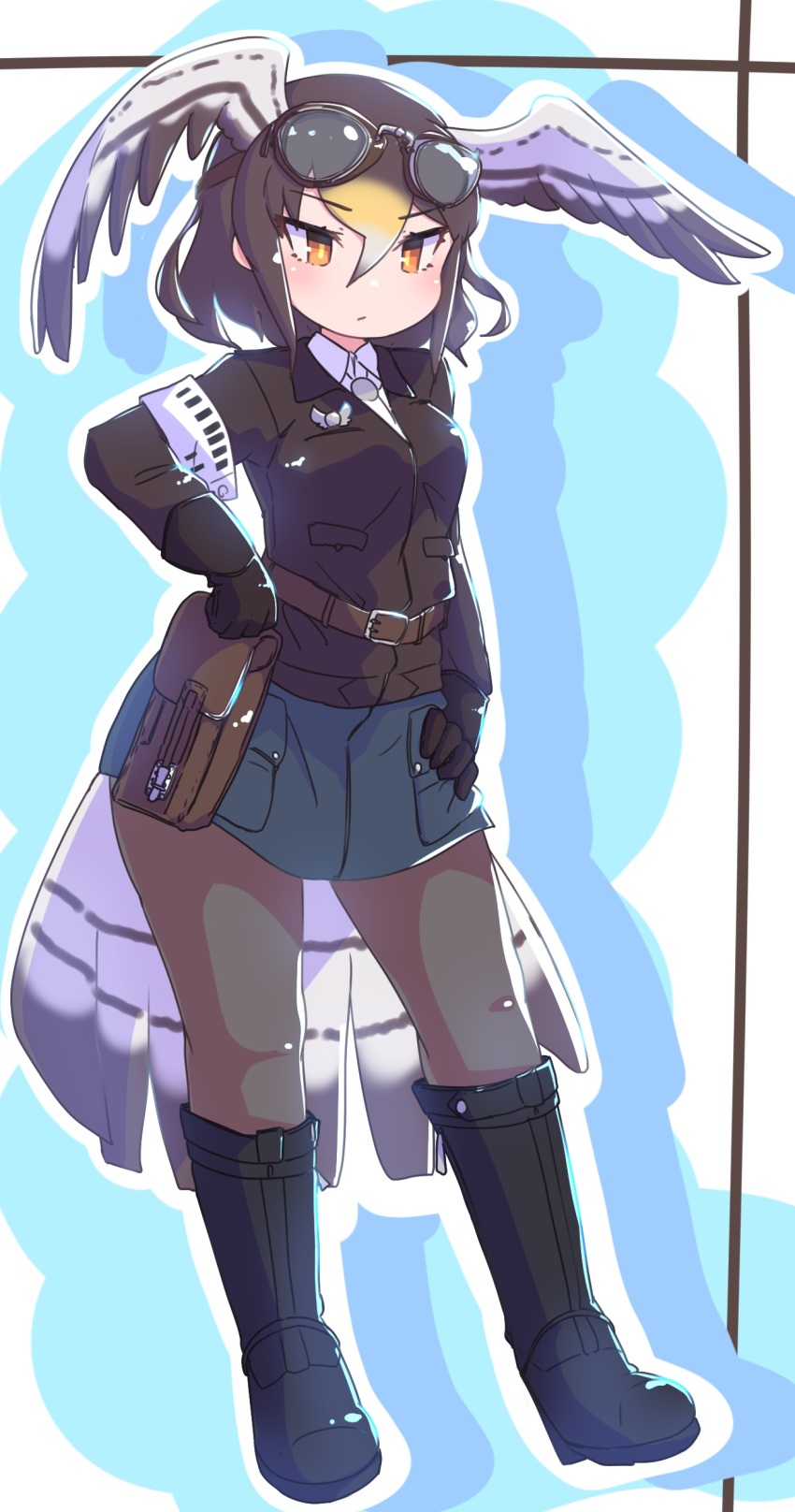1girl absurdres alternate_costume armband bird_girl bird_tail bird_wings black_boots black_pantyhose blonde_hair blush boots brown_gloves brown_hair brown_jacket collared_shirt commentary_request denim denim_skirt full_body gloves goggles goggles_on_head hair_between_eyes head_wings highres holster jacket kemono_friends long_hair long_sleeves multicolored_hair northern_goshawk_(kemono_friends) obobu_(sapnoji) orange_eyes pantyhose shirt skirt solo tail white_shirt wings