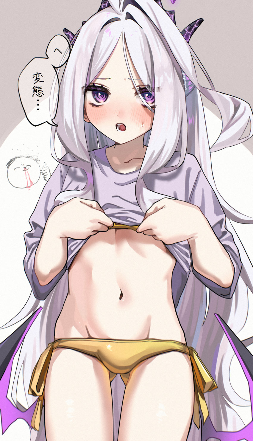 1boy 1girl absurdres ahoge asupa_mayo0210 bikini blood blue_archive blush collarbone commentary_request demon_girl demon_horns demon_wings doodle_sensei_(blue_archive) gluteal_fold gold_bikini halo highres hina_(blue_archive) horns loli long_hair looking_at_viewer navel open_mouth purple_eyes sensei_(blue_archive) standing swimsuit translation_request white_hair wings