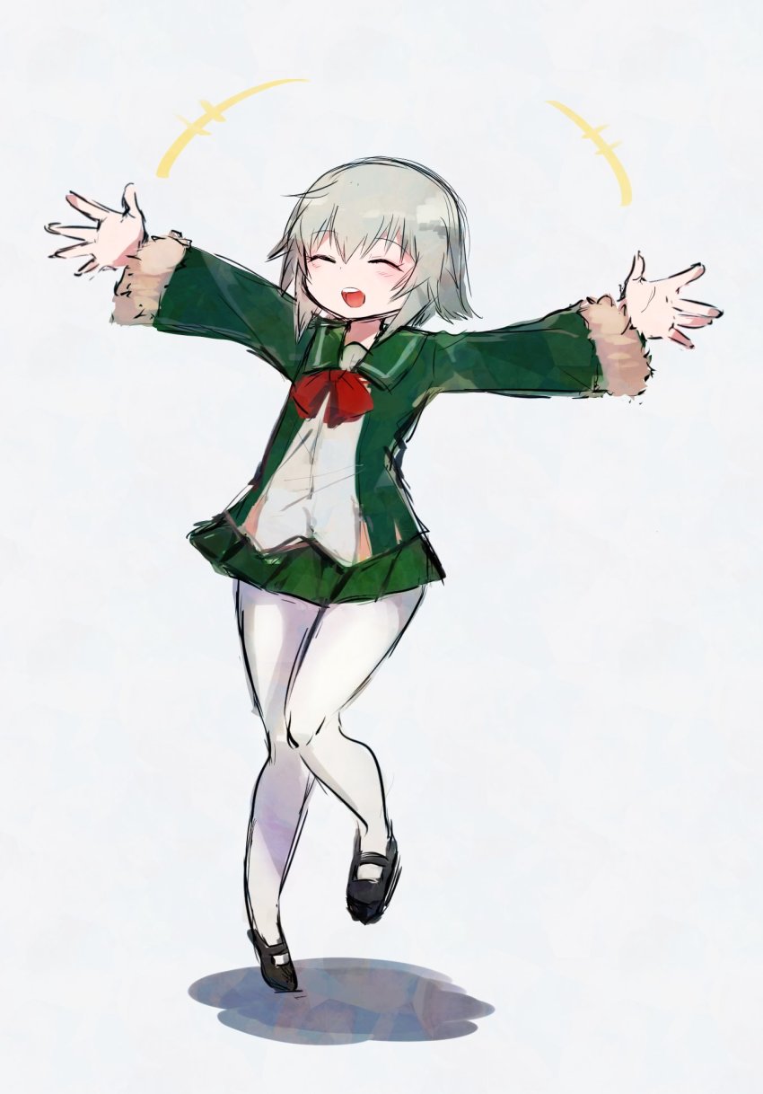 1girl agtt25333 blonde_hair blush closed_eyes female_focus fur-trimmed_sleeves fur_trim green_jacket green_sailor_collar green_skirt hair_between_eyes highres jacket kantai_collection leg_up long_sleeves mary_janes messy_hair neck_ribbon open_mouth pantyhose pleated_skirt red_ribbon ribbon round_teeth sailor_collar school_uniform shadow shimushu_(kancolle) shoes short_hair simple_background skirt smile solo extendable_limbs teeth white_background white_pantyhose