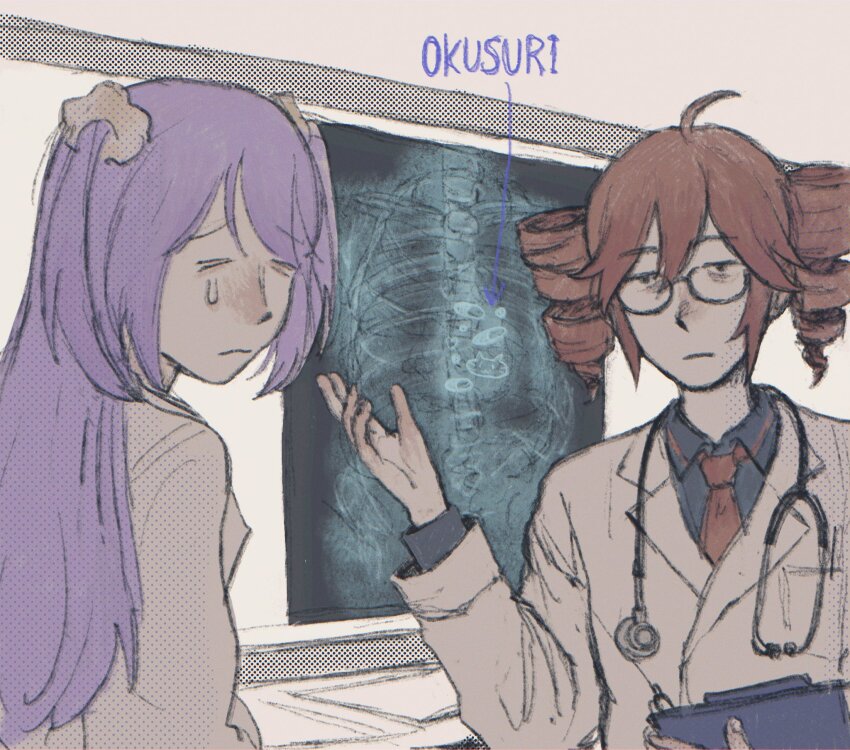 &gt;_&lt; 2girls ahoge alternate_costume black_shirt clipboard closed_mouth collared_shirt crying doctor drill_hair frown glasses gozaimas_(masmas_nemui) hair_ornament hair_scrunchie highres holding holding_clipboard igaku_(utau) kasane_teto lab_coat long_hair looking_at_another multiple_girls necktie nemuri-chan okusuri_nonde_neyou_(vocaloid) purple_hair red_hair red_necktie romaji_text scrunchie shirt short_hair songover stethoscope twin_drills two_side_up utau vocaloid x-ray_film