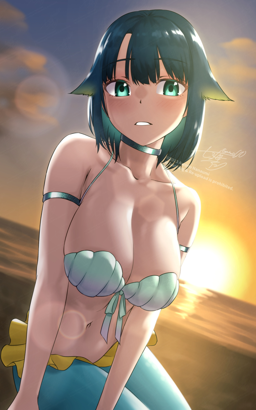1girl awono_nanaumi beach bikini blue_hair breasts cleavage cloud collarbone commentary_request fukami_nana_(awono_nanaumi) green_eyes hair_flaps highres large_breasts mermaid monster_girl ocean original short_hair solo sunset swimsuit