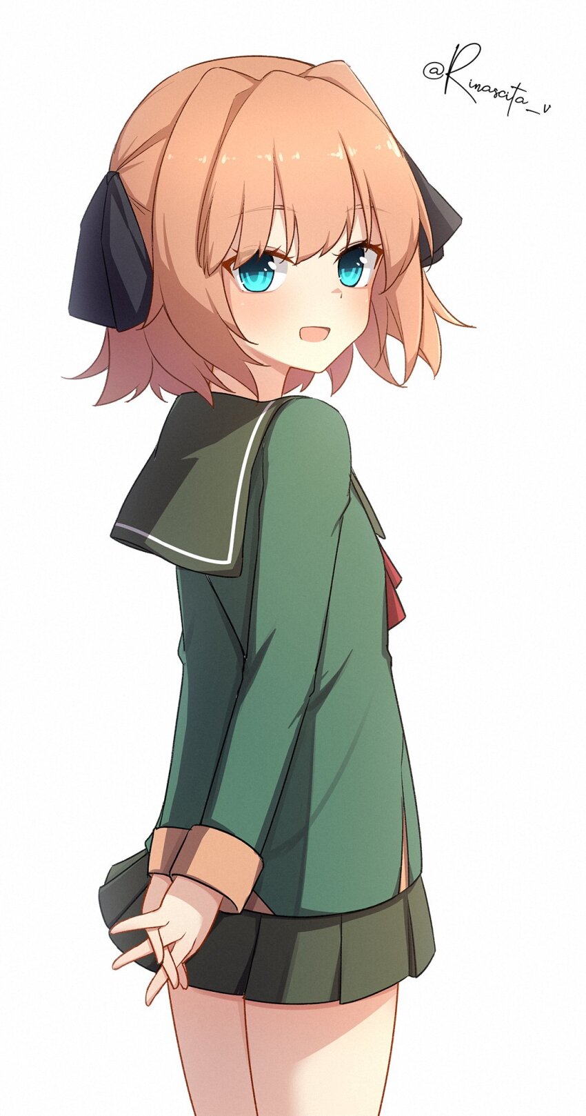 1girl aticsanir back black_ribbon blue_eyes blush brown_hair cowboy_shot green_jacket green_sailor_collar green_serafuku green_skirt hachijou_(kancolle) hair_ribbon highres jacket kantai_collection long_sleeves looking_at_viewer looking_back neck_ribbon one-hour_drawing_challenge open_mouth pleated_skirt red_ribbon ribbon sailor_collar school_uniform serafuku short_hair skirt smile solo twitter_username white_background