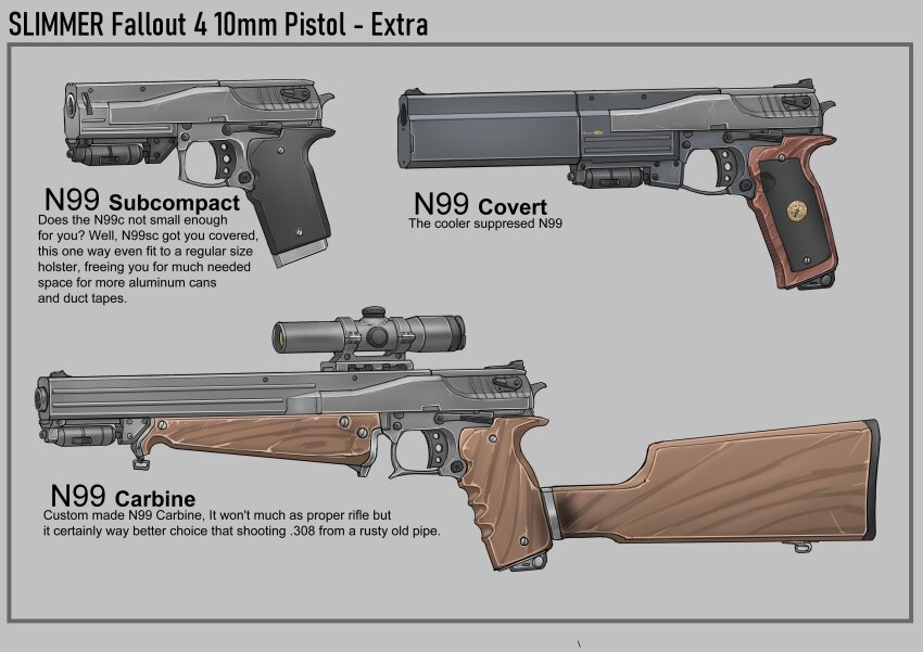 10mm_pistol absurdres english_text engrish_text fallout fallout_4 gun handgun highres no_humans ranguage scope shoulder-stocked_handgun shoulder_stock srtdrawart suppressor weapon