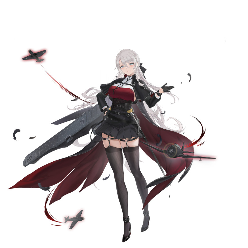 1girl artist_request black_bow black_cape black_dress black_gloves black_skirt black_thighhighs bow breasts cape dress flight_deck full_body gloves grey_eyes high_heels highres machinery multicolored_cape official_art randolph_(warship_girls_r) red_cape rigging scabbard sheath skirt solo stiletto_heels sword tbf_avenger thighhighs transparent_background warship_girls_r weapon white_hair