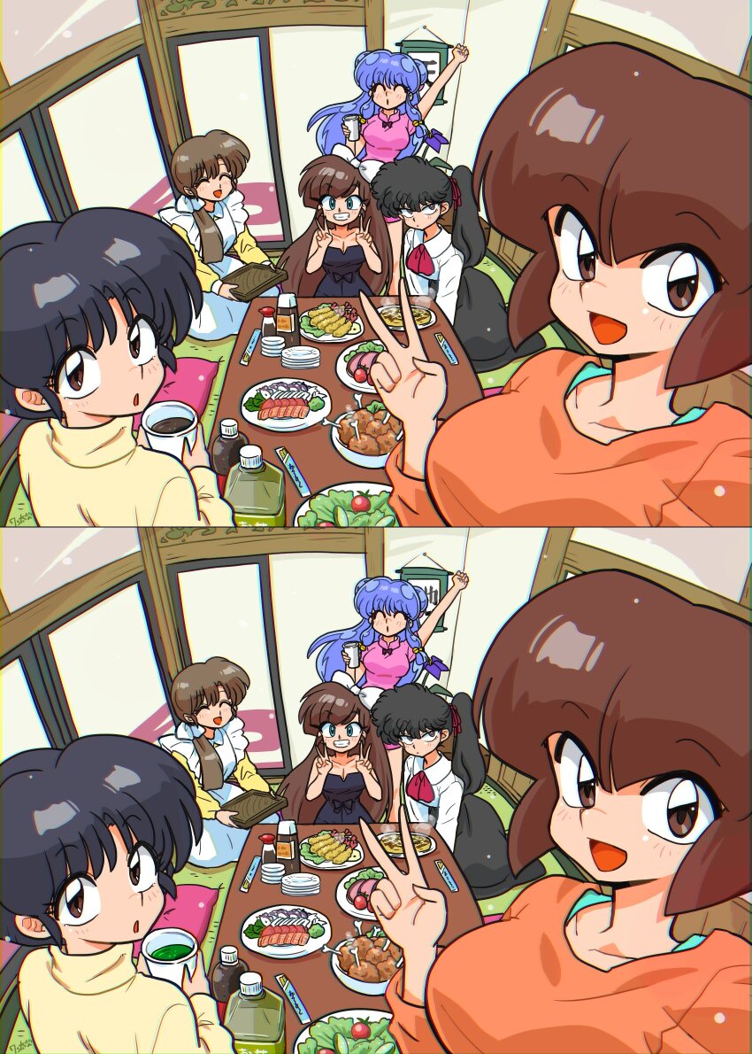 black_hair bottle brown_eyes chicken_(food) commentary_request cushion door double_v drink fish_(food) food from_above grin highres kunou_kodachi kuonji_ukyou long_hair looking_at_viewer purple_hair ranma_1/2 sashimi selfie shampoo_(ranma_1/2) short_hair sign smile spot_the_differences tempura tendou_akane tendou_kasumi tendou_nabiki v wanta_(futoshi) waving zabuton