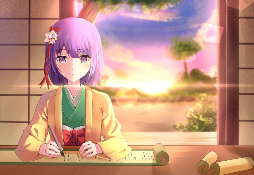 1girl :o bad_id bad_pixiv_id female_focus hair_ornament hairclip hieda_no_akyuu highres japanese_clothes kimono lens_flare pen purple_eyes purple_hair scroll short_hair solo sunlight touhou twilight ucukrtz writing