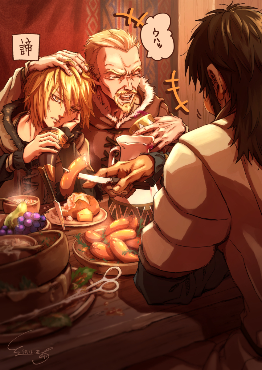 3boys askeladd bjorn_(vinland_saga) blonde_hair bread brown_capelet brown_eyes brown_hair capelet clenched_teeth closed_eyes drink drinking_horn eating facial_hair food food_in_mouth fruit fur-trimmed_capelet fur_trim goatee grapes hand_on_another&#039;s_head happy_tears highres holding holding_drink knife laughing male_focus medium_hair multiple_boys open_mouth pear shirube_akashi short_hair smile tears teeth thorfinn upper_body viking vinland_saga