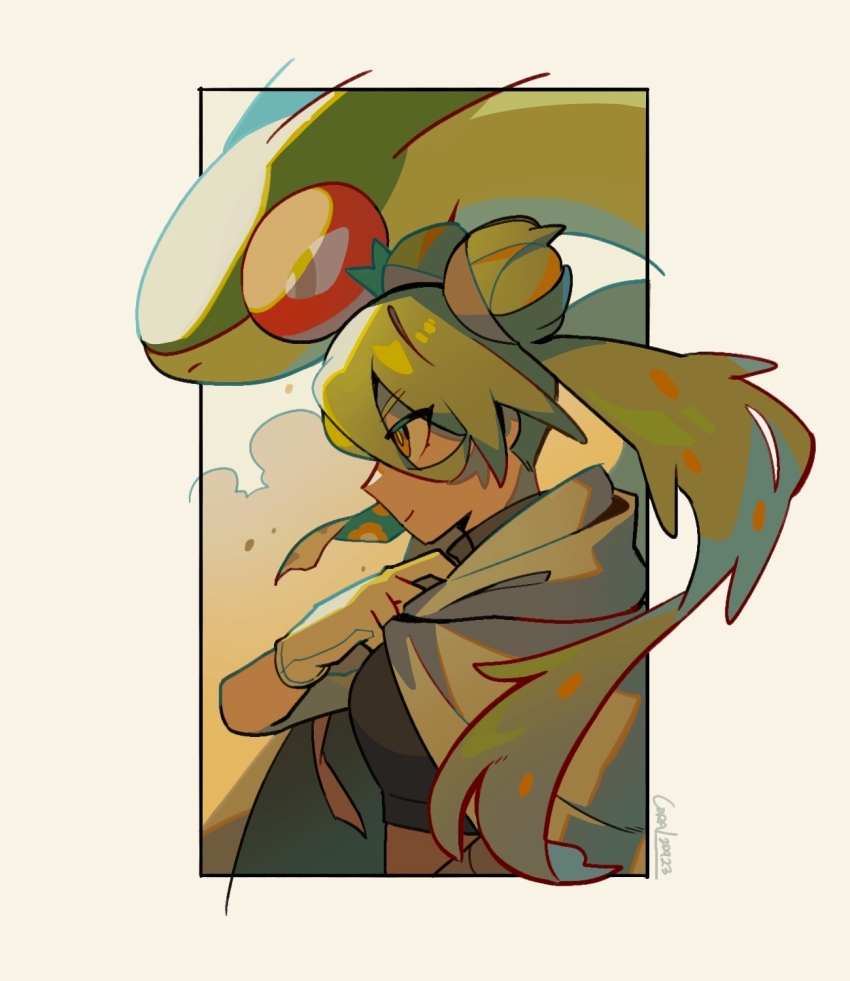 1girl cloak coral_(coral_l33) crop_top double_bun dragon flygon from_side gen_3_pokemon gloves green_hair ground_miku_(project_voltage) hair_between_eyes hair_bun hatsune_miku highres inset_border long_hair nintendo orange_eyes pokemon project_voltage smile twintails vocaloid