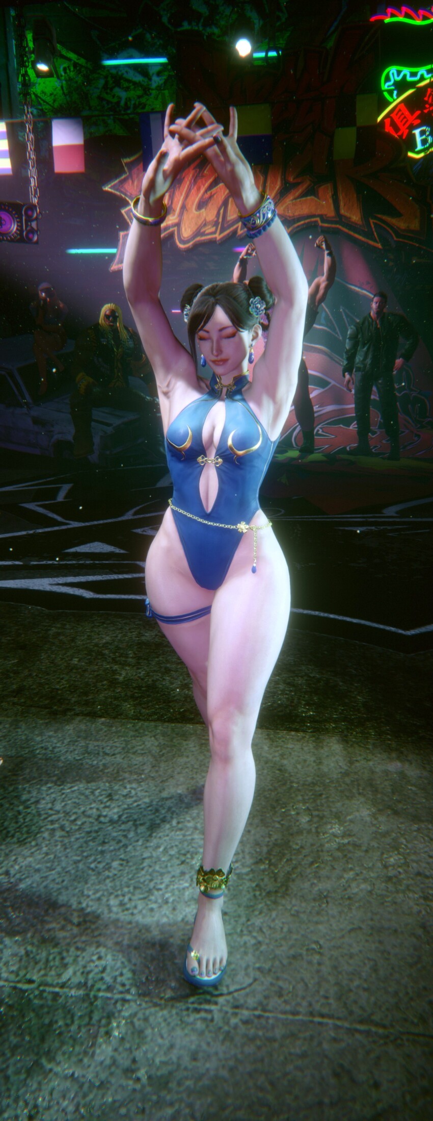 1girl 3d absurdres alternate_costume arms_up back bare_legs bare_shoulders blue_one-piece_swimsuit bracelet brown_hair capcom chun-li curvy double_bun female_focus from_above game_screenshot hair_bun highleg highleg_one-piece_swimsuit highres jewelry official_alternate_costume one-piece_swimsuit outdoors parted_lips ryona shiny_skin skindentation smile solo standing street_fighter street_fighter_6 stretching swimsuit thighlet third-party_edit thong_one-piece_swimsuit video_game_screencap wide_hips