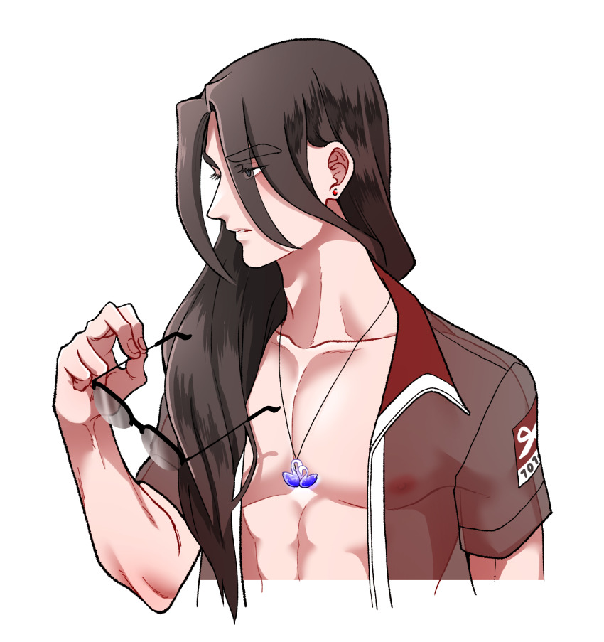 1boy bare_pectorals brown_hair brown_shirt commentary_request eyes_visible_through_hair fang_(my_time_at_sandrock) glasses hair_over_one_eye highres holding holding_removed_eyewear jewelry male_focus mugicha_(zoro1132) my_time_at_portia my_time_at_sandrock necklace open_clothes open_shirt pectorals pendant see-through_clothes see-through_clothes see-through_shirt shirt solo thick_eyebrows unworn_eyewear upper_body