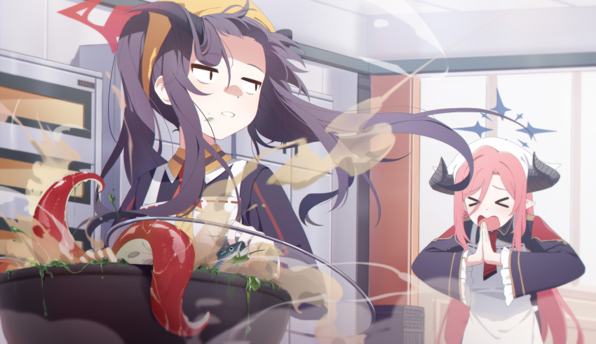 &gt;_&lt; 2girls absurdres apron bad_food black_dress black_hair black_horns blue_archive blue_halo demon_horns dress fuuka_(blue_archive) halo headscarf highres horns indoors juri_(blue_archive) long_hair long_sleeves multiple_girls open_mouth pink_hair red_halo soeyumi white_apron white_headscarf yellow_headscarf