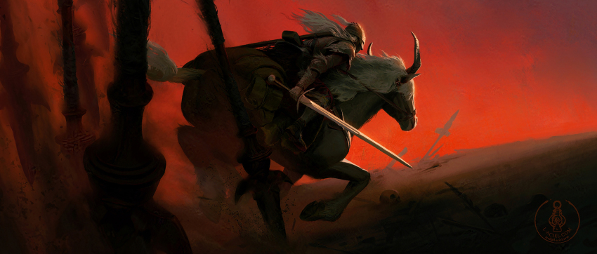 1other absurdres ambiguous_gender armor battlefield cloak commentary elden_ring english_commentary full_armor fur_cloak helm helmet highres holding holding_sword holding_weapon horns horse horseback_riding l_aciel leaning_forward long_hair outdoors planted planted_sword planted_weapon red_sky reins riding saddle saddlebags sky sword tarnished_(elden_ring) torrent_(elden_ring) weapon white_hair