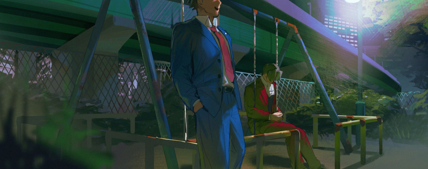 2boys absurdres ace_attorney black_hair blue_suit building bush collar commentary_request cowboy_shot dark_background fence formal_clothes hand_in_pocket highres kalappo_empty lamppost miles_edgeworth multiple_boys necktie night on_swing outdoors own_hands_together phoenix_wright playground red_necktie red_suit sitting standing suit swing