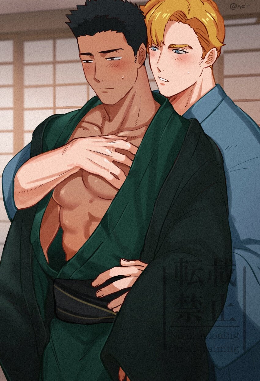2boys ao_isami bara bare_pectorals black_hair blonde_hair blue_kimono blush couple cowboy_shot dark-skinned_male dark_skin facial_hair highres japanese_clothes kimono large_pectorals lewis_smith male_focus multiple_boys muscular muscular_male net_(net87626068) pectoral_grab pectorals short_hair shy sideburns_stubble standing stubble thick_eyebrows yaoi yuuki_bakuhatsu_bang_bravern