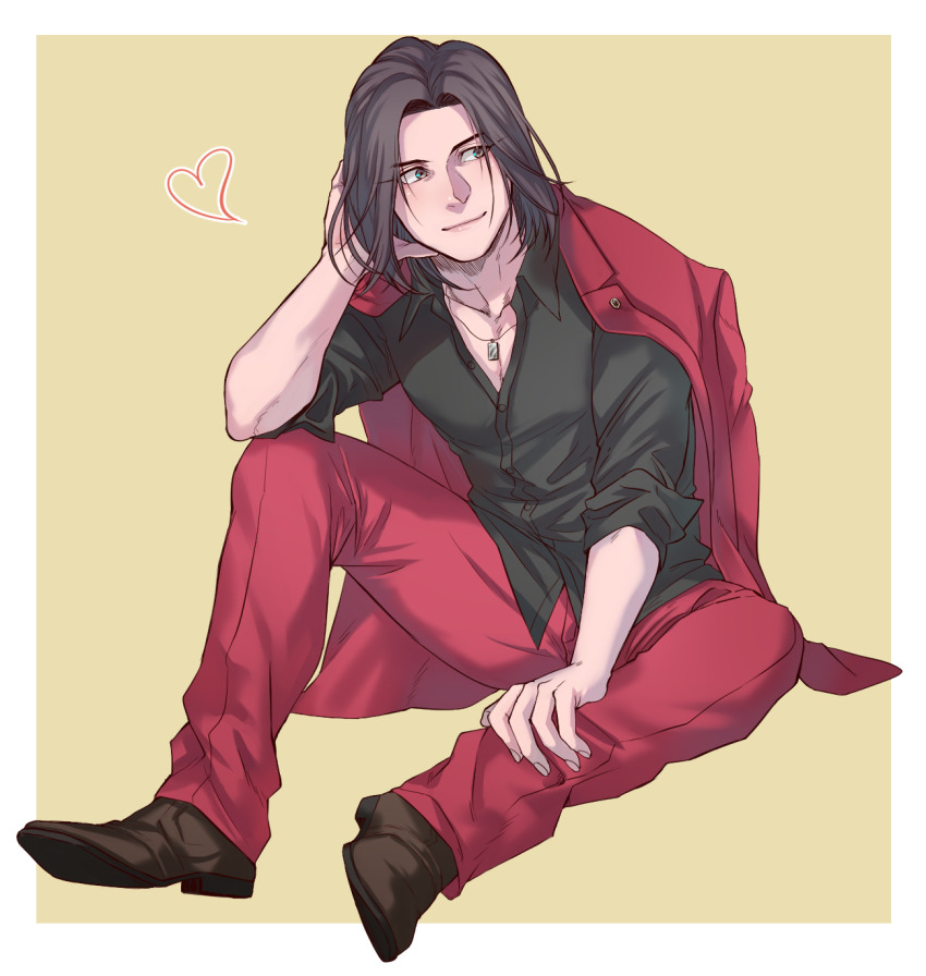 1boy black_shirt border brown_eyes brown_footwear brown_hair closed_mouth coco_(h221414) collared_shirt full_body hand_in_own_hair hand_on_own_leg heart highres jacket jewelry looking_to_the_side male_focus necklace nishikiyama_akira open_clothes open_jacket pants red_jacket red_pants ryuu_ga_gotoku_(series) shirt simple_background sitting solo two-tone_background white_border yellow_background
