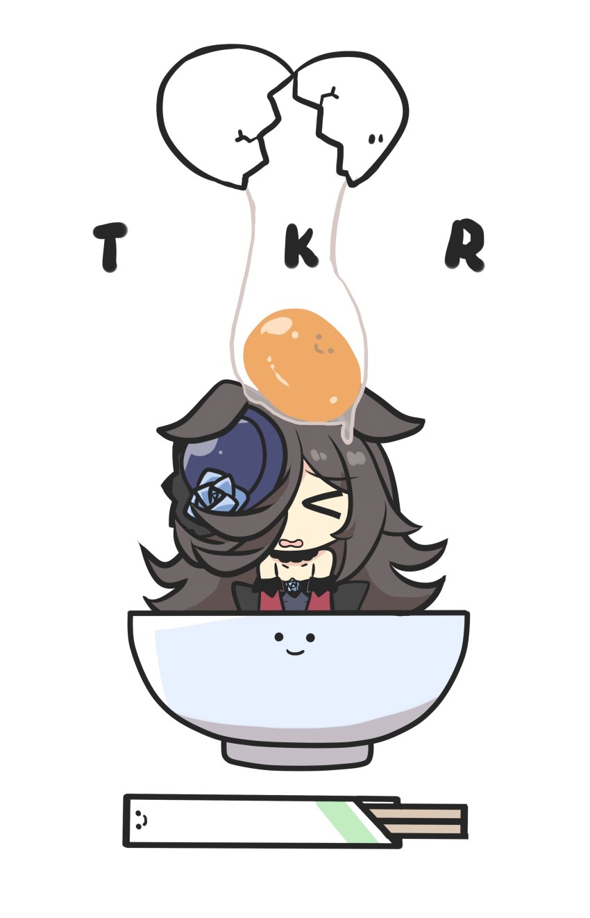 &gt;_&lt; 1girl absurdres animal_ears black_hair blue_flower blue_hat blue_rose blurry blurry_background bowl brown_hair collarbone commentary cracked_egg egg egg_yolk flower goma_(gomasamune) grey_eyes hair_over_one_eye hat hat_flower highres horse_ears horse_girl long_hair mini_person minigirl name_connection object_namesake pun rice rice_bowl rice_shower_(umamusume) rose simple_background solo soy_sauce tamagokake_gohan tilted_headwear umamusume white_background