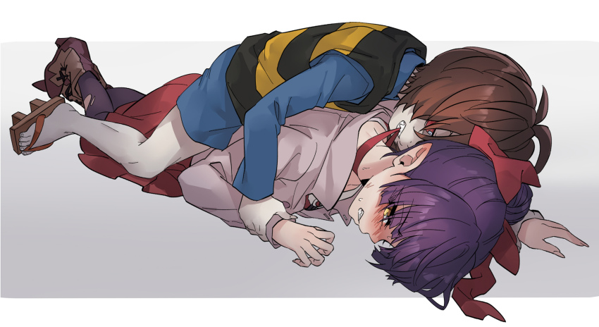 1boy 1girl arm_grab blush boots bow brown_hair clenched_teeth colored_sclera commentary_request gegege_no_kitarou hair_bow hetero highres kitarou nekomusume nekomusume_(gegege_no_kitarou_6) on_ground on_person pale_skin pantyhose purple_hair red_sclera sandals short_hair silanduqiaocui teeth torn_clothes torn_pantyhose yellow_eyes