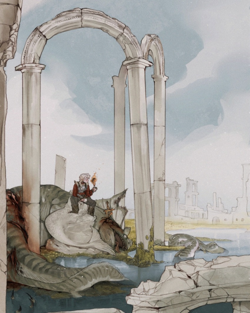 1boy architecture armor barnacle belt black_pants blood_on_body boots braid braided_ponytail breastplate brown_boots brown_gloves claws column commentary commission death english_commentary fingerless_gloves fins gloves greco-roman_architecture head_fins highres holding holding_torch impaled injury long_hair long_tail monster moss ocean on_rock original ornate_weapon pants pillar profile red_shirt ruins sea_serpent sharp_teeth shirt shore sitting squarecloud7310 statue sword tail teeth tongue tongue_out torch vambraces weapon white_eyes white_hair