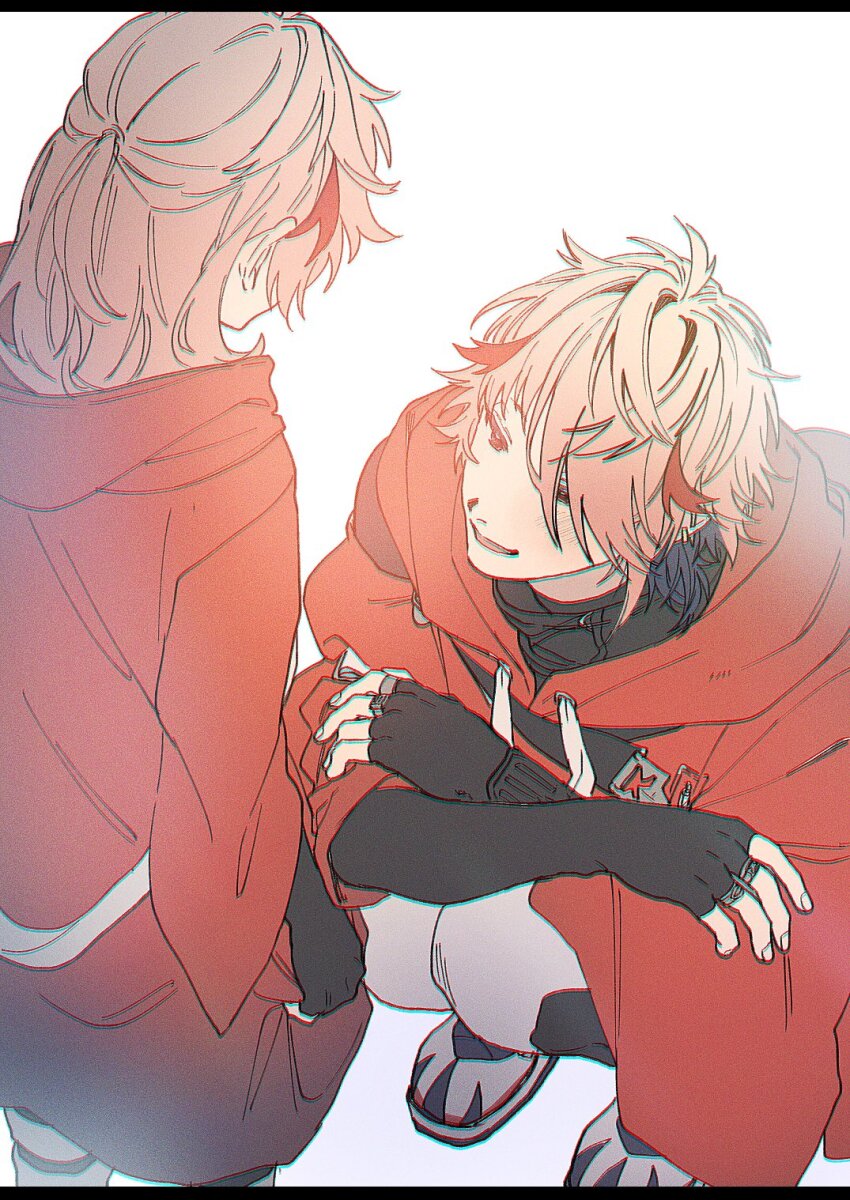 2boys :d aged_down ahoge black_gloves black_hair boots child chromatic_aberration coat commentary_request drawstring dual_persona facing_away fingerless_gloves from_behind gloves hair_between_eyes half_updo highres hood hood_down hooded_coat kaburagi_(pnoir087) long_hair long_sleeves looking_at_another male_focus medium_hair multicolored_hair multiple_boys nijisanji open_mouth pants pink_hair red_coat red_eyes red_hair seraph_dazzlegarden seraph_dazzlegarden_(1st_costume) smile squatting standing streaked_hair time_paradox virtual_youtuber white_background white_boots white_pants wide_sleeves