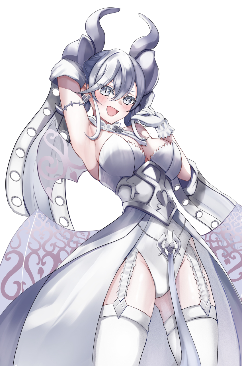 1girl absurdres armored_corset armpits arms_behind_back blush breasts cleavage cowboy_shot demon_girl demon_horns demon_wings dress duel_monster gloves grey_eyes grey_hair highres holding horns large_breasts leotard leotard_under_clothes looking_at_viewer lovely_labrynth_of_the_silver_castle low_wings multiple_wings open_mouth pointy_ears simple_background smile solo sora-wo-tomo spread_cleavage transparent_wings twintails white_background white_horns wings yu-gi-oh!