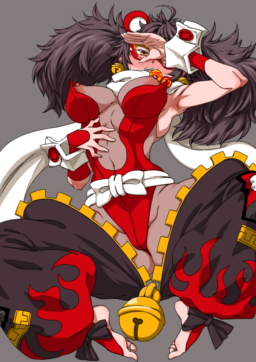 1girl ahoge animal_ears armpits barefoot bell bell_earrings black_hair blush bodystocking bombergirl breasts domino_mask earrings fingernails flame_print grey_background highres jewelry jingle_bell leotard long_hair mask medium_breasts messy_hair mouse_ears nipples nose_blush one_eye_closed open_mouth orange_eyes pansy_orchid red_leotard sash scarf simple_background solo strapless strapless_leotard teeth twintails unzipped urushi_(bombergirl) white_sash white_scarf wrist_cuffs zipper