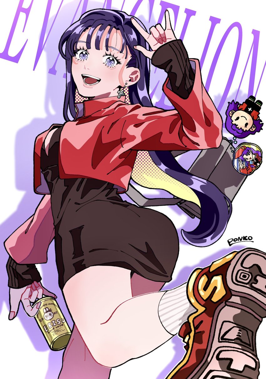 1girl artist_name ass beer_can can collar cross drink_can earrings highres jewelry katsuragi_misato charm_(object) neon_genesis_evangelion open_mouth ponko517 purple_hair salute smile teeth yebisu