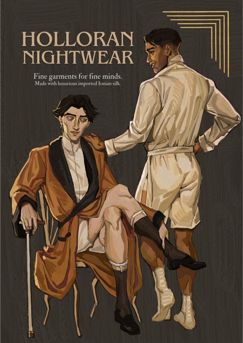 2boys alternate_costume arcane_jayce black_socks brown_hair cane collared_shirt commentary crossed_legs english_commentary english_text full_body grin hand_on_another&#039;s_shoulder hand_on_own_hip highres holding holding_cane jayce_(league_of_legends) league_of_legends long_sleeves looking_at_another male_focus multiple_boys on_chair robe sash shirt short_hair sitting smile socks standing teeth viktor_(arcane) viktor_(league_of_legends) white_robe white_sash white_shirt white_socks xrnoodle