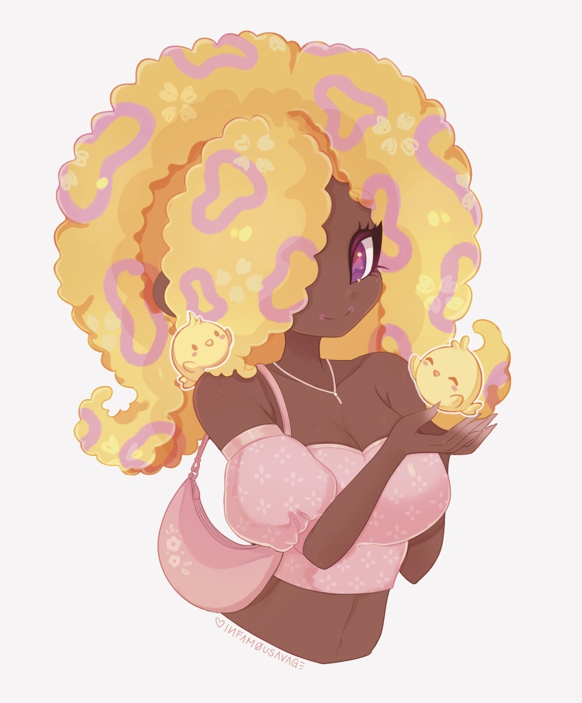 1girl absurdres alternate_costume artist_name bag bare_shoulders bird breasts cephalopod_eyes cleavage crop_top cropped_torso dark-skinned_female dark_skin hair_over_one_eye hands_up heart highres infamousavages jewelry looking_at_viewer medium_breasts midriff navel necklace nintendo orange_hair patterned_hair pink_bag pink_shirt puffy_short_sleeves puffy_sleeves purple_eyes shirt short_sleeves shoulder_bag simple_background smile solo splatoon_(series) splatoon_3 strapless strapless_shirt tao_blu tentacle_hair very_dark_skin white_background
