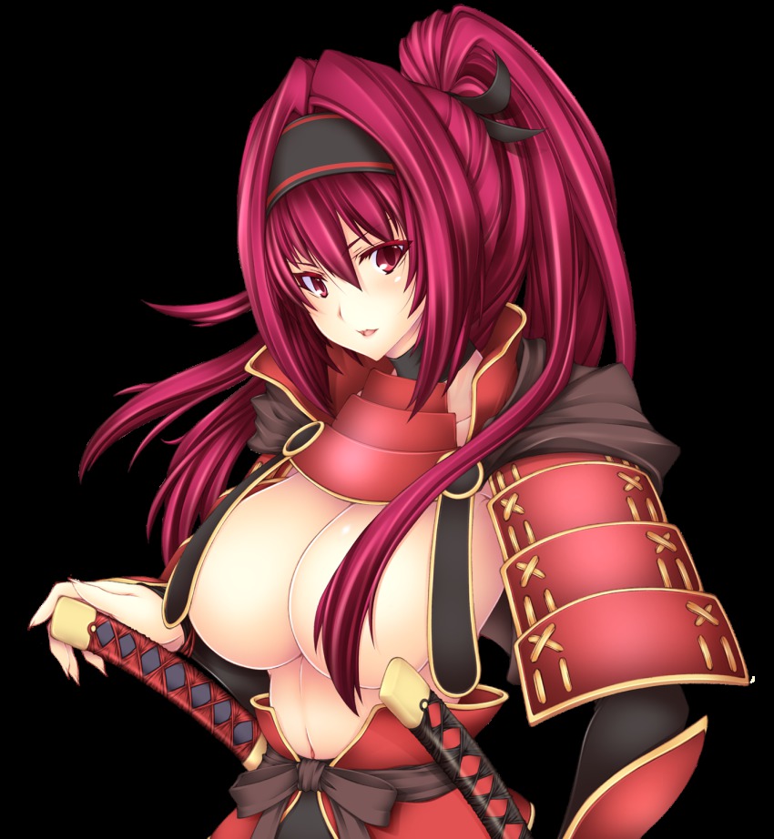 1girl armor breasts cleavage female_focus headband highres huge_breasts japanese_armor katana large_breasts long_hair navel no_bra open_mouth original pink_eyes pink_hair ponytail purple_hair red_eyes red_hair samurai shoulder_armor sode solo sword topless_female transparent_background weapon yui.h