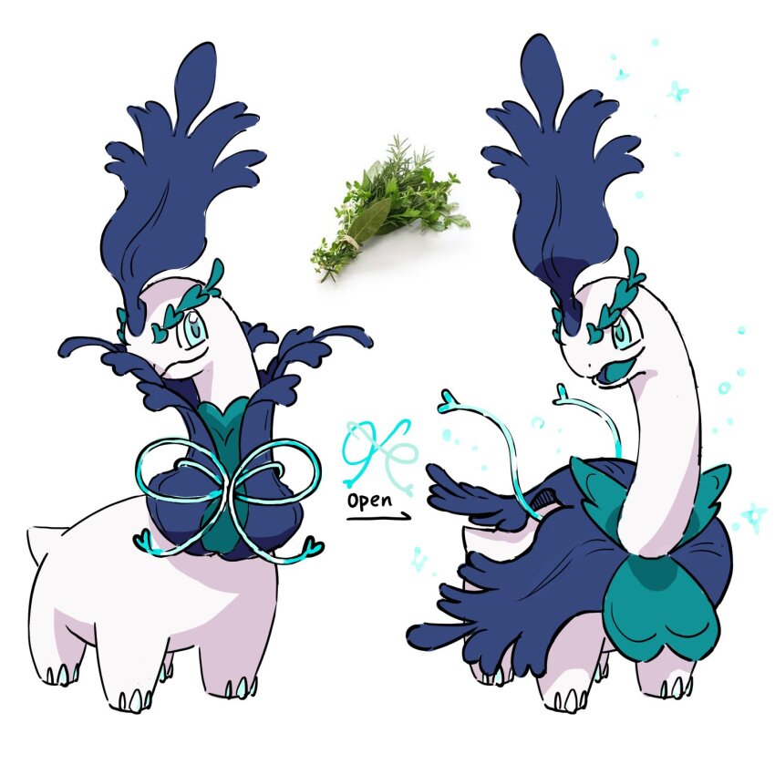 aqua_eyes closed_eyes commentary fakemon ffccll game_freak gen_2_pokemon green_pupils highres meganium multiple_views nintendo no_humans open_mouth pokemon pokemon_(creature) pokemon_focus standing tongue white_background
