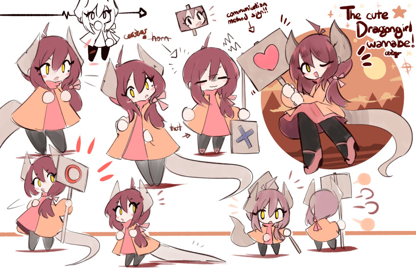 1girl :o :s =_= arrow_(symbol) black_pants bow brown_sky ceroro commentary desert double-parted_bangs dragon_horns dragon_tail english_commentary english_text fake_horns fake_tail hair_between_eyes heart highres holding holding_sign horns jacket long_hair low-tied_long_hair motion_lines mountain multiple_views notice_lines one_eye_closed open_mouth orange_jacket original pants pink_bow pink_shirt pink_shoes puff_of_air reference_sheet shirt shoes sign simple_background skipping smile sparkle star_(symbol) sun tail white_background yellow_eyes