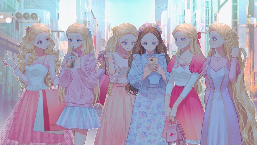 6+girls absurdly_long_hair alternate_costume anneliese_(barbie) bag ballet barbie_(character) barbie_(franchise) barbie_as_rapunzel barbie_as_the_princess_and_the_pauper barbie_in_the_12_dancing_princesses barbie_in_the_nutcracker barbie_movies barbie_of_swan_lake blonde_hair blouse blue_dress blurry blurry_background bow braid brown_hair building cable_knit casual cellphone cityscape clara_(barbie) clara_(the_nutcracker) cowboy_shot crossover cup curly_hair disposable_coffee_cup disposable_cup dress drinking drinking_straw elbow_carry erika_(barbie) everyone eyeshadow floral_dress floral_print flower flower_wreath friends frilled_sleeves frills genevieve_(barbie) grimm&#039;s_fairy_tales hair_bow hair_flower hair_ornament hair_pulled_back hair_ribbon head_wreath highres holding holding_bag holding_own_hair jewelry long_hair long_skirt long_sleeves look-alike looking_at_another looking_at_phone makeup matching_outfits miniskirt mulitple_braids multiple_girls necklace odette_(barbie) odette_(swan_lake) okitafuji pale_skin pastel_colors phone pink_dress pink_eyeshadow pink_sweater playing_with_own_hair pointing polka_dot polka_dot_dress polka_dot_skirt princess_and_the_pauper princess_anneliese_(barbie) puffy_sleeves rapunzel rapunzel_(barbie) rapunzel_(grimm) ribbon rose see-through_clothes see-through_skirt sheer_skirt shirt shirt_under_dress shopping shopping_bag skirt sky skyscraper sleeveless sleeveless_dress smartphone smile straight_hair straw swan_lake sweater tank_top the_nutcracker tulle very_long_hair